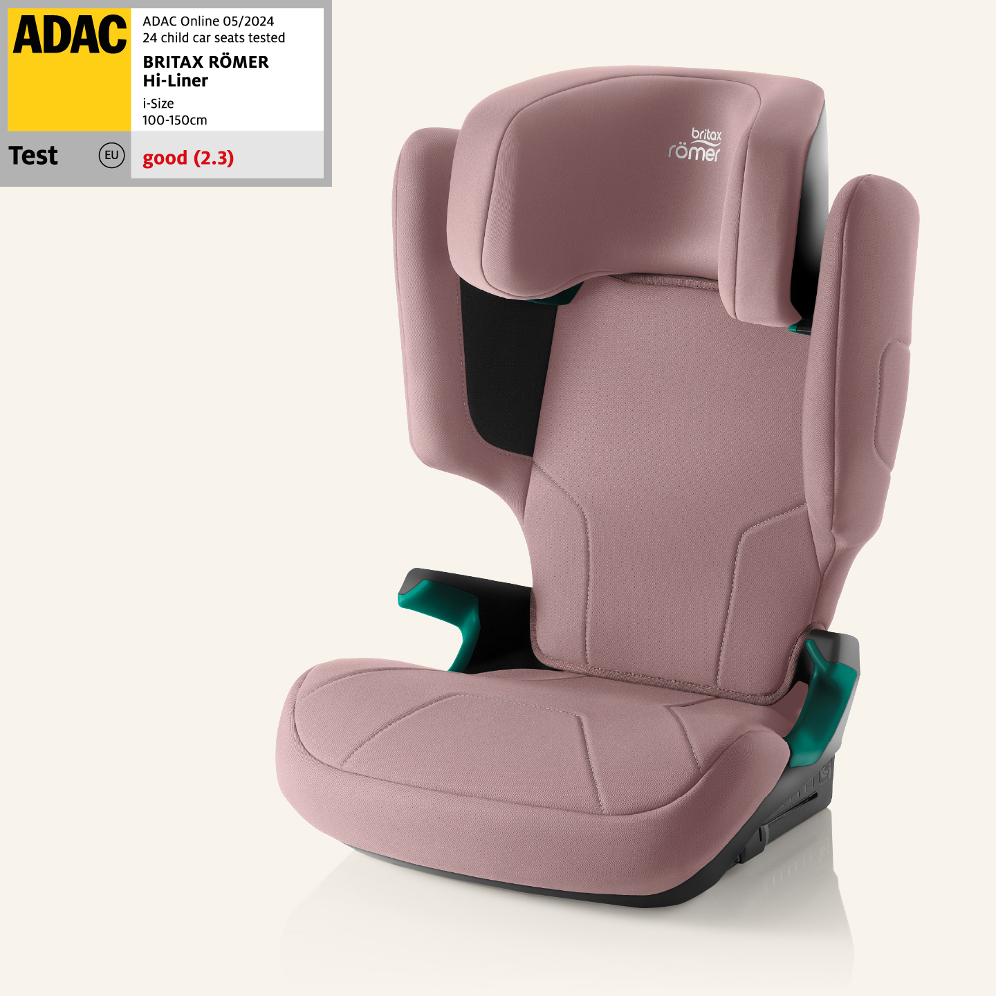 Britax R&ouml;mer Kindersitz mit hoher R&uuml;ckenlehne HI-LINER, daneben ADAC-Testlabel mit Bewertung &sbquo;GUT&lsquo; (2,3).